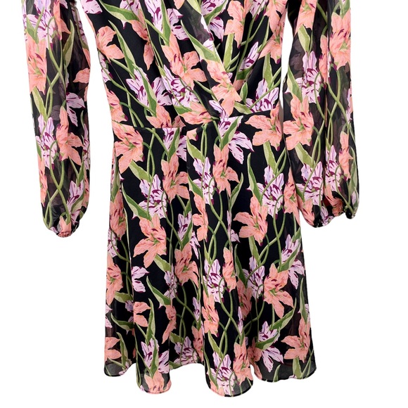 Anthropologie Aryessa Trellis Floral Wrap Dress Balloon Sleeve Small Black Pink - Picture 9 of 15
